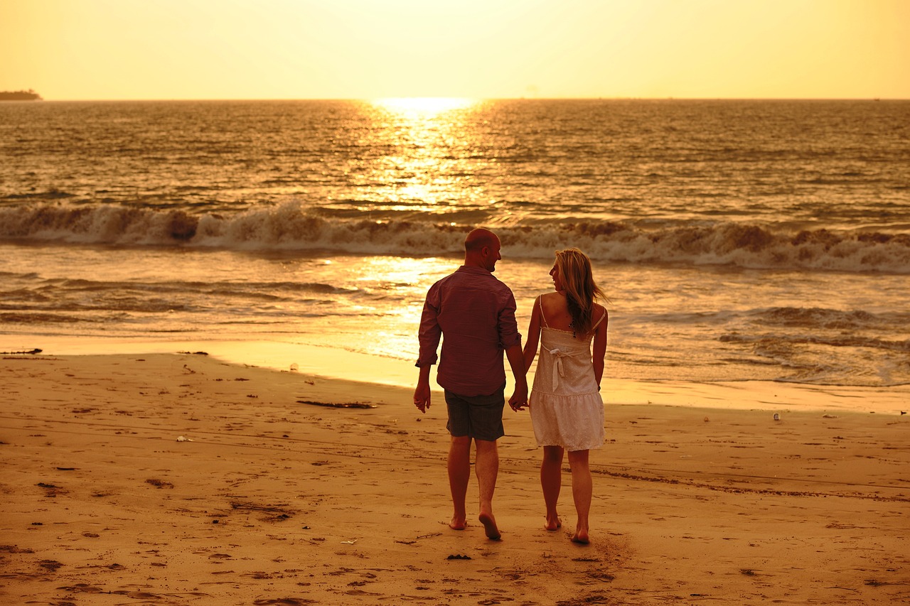 valentine's day, sunset, beach, nature, couples, love, embrace, silhouettes, hold hands, back view