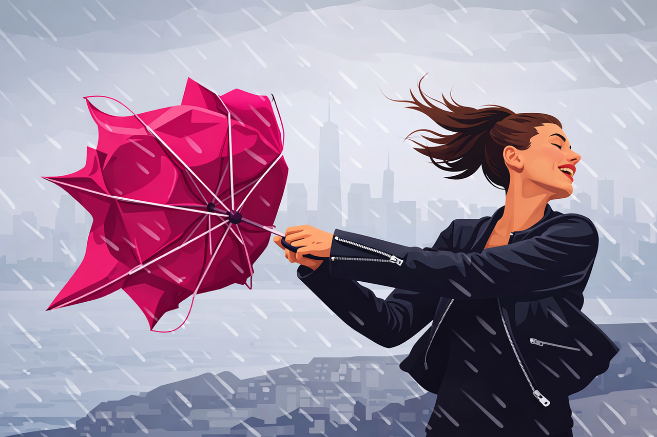 woman, umbrella, windy, rain, storm, broken umbrella, windy day, city, urban, outdoor, weather, rainy, wet, dynamic, dramatic, struggle, concept, lifestyle, vector flat, isolated, editorial, cityscape, outdoor scene, windy weather, ai generated